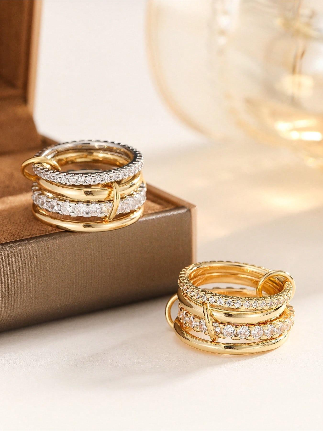 4pcs/3pcs Glamorous Personalized Cubic Zirconia Multi-Layer Adjustable Copper Alloy Colorful Elegant Fashion Stackable Finger Rings