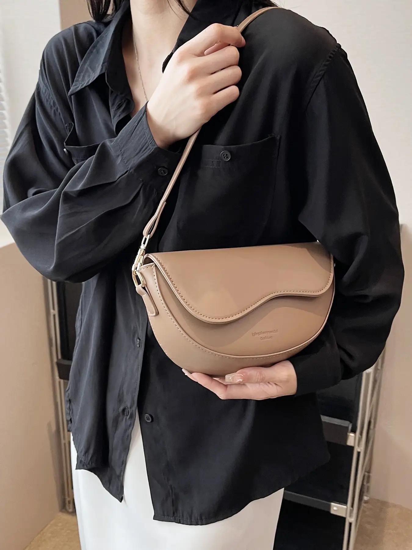Women's Retro Solid Color Saddle Bag, Wide Shoulder Strap Messenger Bag, Fashionable Classic Popular Crossbody Shoulder Bag, Suitable for Daily Outing, PU Leather Bag