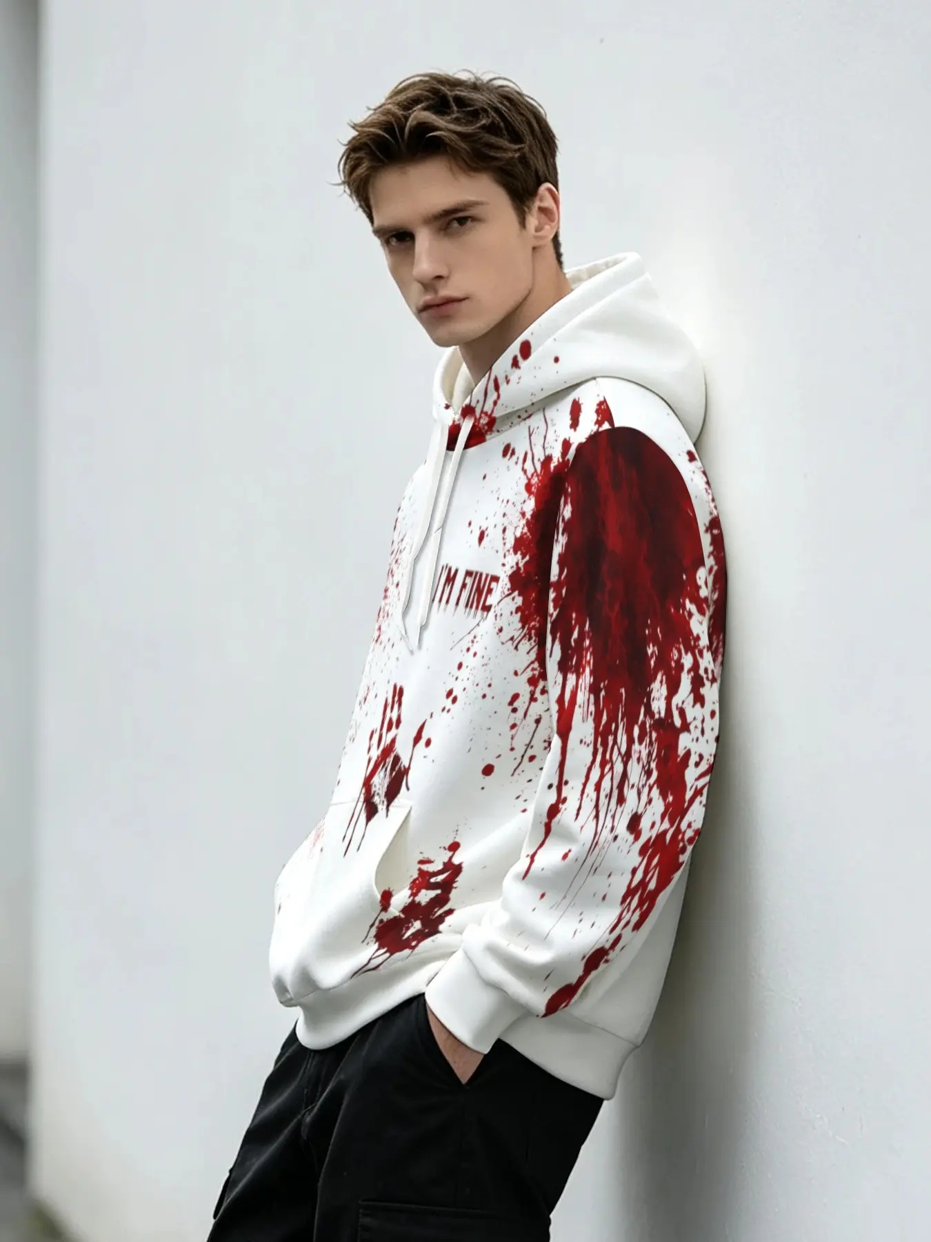 Men's Halloween Horror Blood Handprint Hoodie, Dark Ink Spray I'm Fine Unique Print Pullover, Trendy Streetwear Top for Men