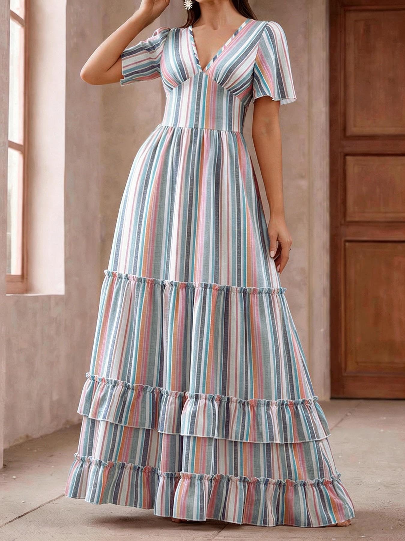 Summer Striped Dress, Layered Cake Dress, V Neck Long Dress, Bell Sleeve, a Line, Ruffle, Elegant, Casual, Retro, Vacation, Commute, Travel