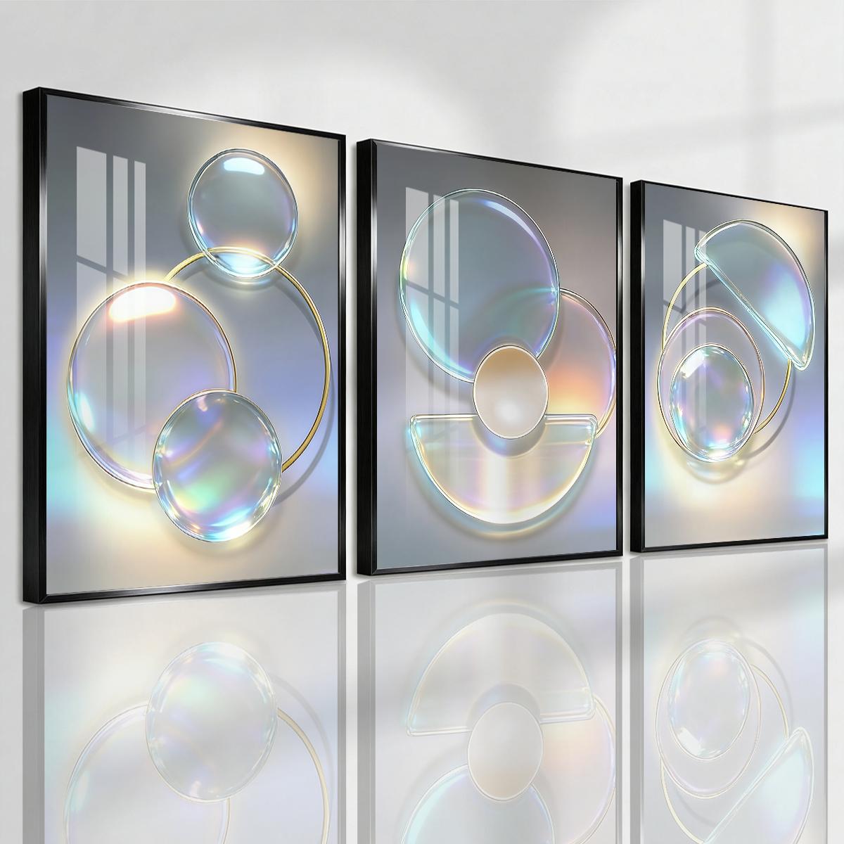 3 Counts Aluminum Alloy Framed Painting, Abstract Iridescent Glass Circles Design, Home Decoration For Living Room, Bedroom, Office, Restaurant, Hallway Wall Decor, Odorless Print Artwork, Luxury Perfect Gift For Friends And Family