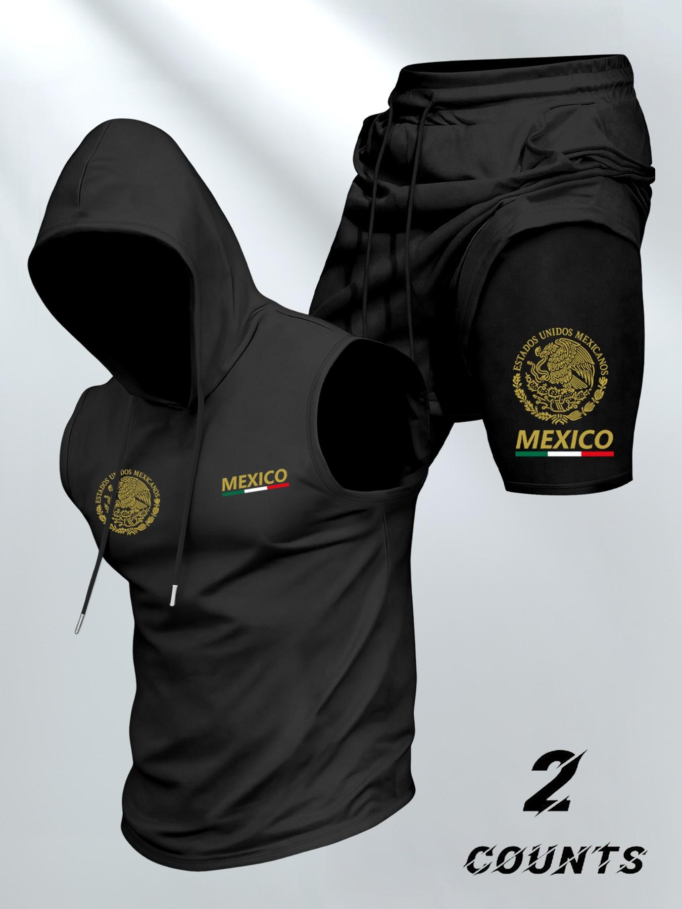 Men's Casual Fashion 2-Piece Sporty Set, Vintage Mexican Emblem Print Hooded Vest and Fake Two-Piece Shorts, Comfortable Trendy Summer Outdoor Sports Wear