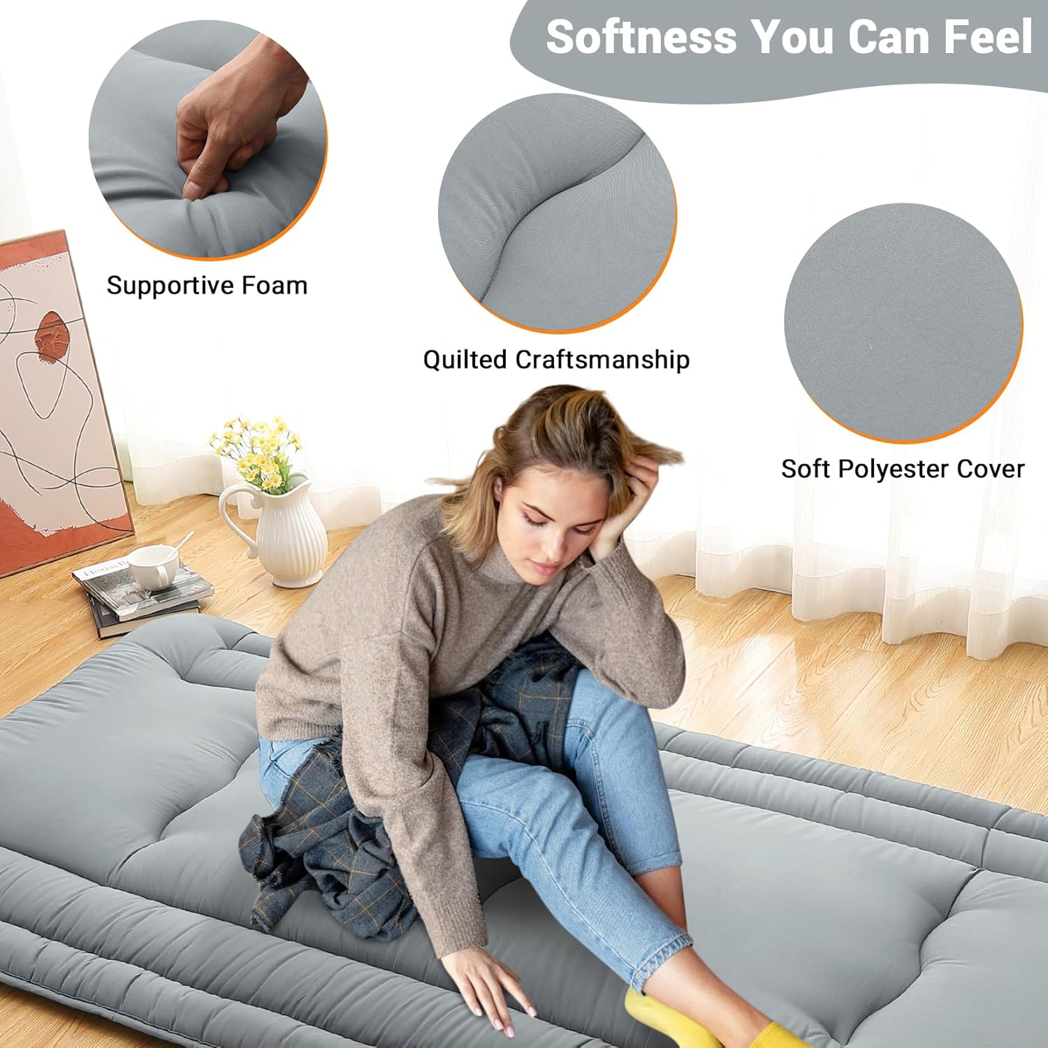 Twin Size / Full Size Futon Mattress, Japanese Floor Sleeping Mat Rollable Tatami Mattress for Dorm, Portable & Foldable Floor Mattress Sleeping Mattress Pad for RV Travel Camping