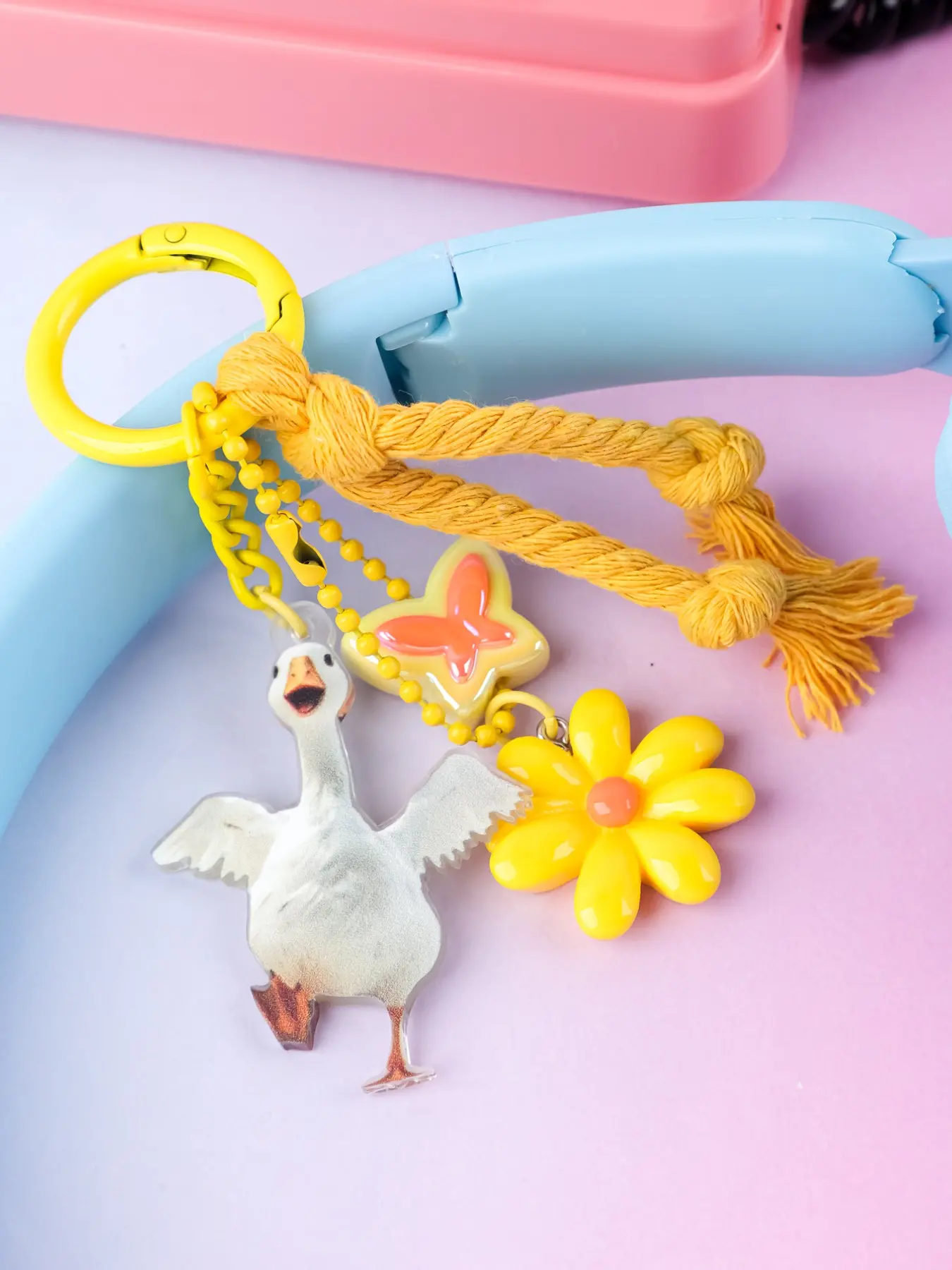 Cute 2D Goose Acrylic Keychain, Floral Butterfly Tassel Bag Charm, Pastel Knotted Rope Pendant Accessory for Backpack Keys