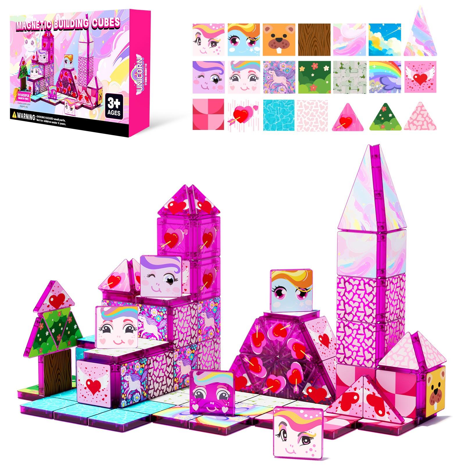 【New Sticker Set】60PCS,1.48inch Creative Sticker Magnetic Tiles,My Little Pony，Magnet Building Blocks Cubes Construction Stacking Educational Assembly Toy Preschool STEM Play Creative Playboard for Toddler Kids Ages 3+,Kids Toys best gift