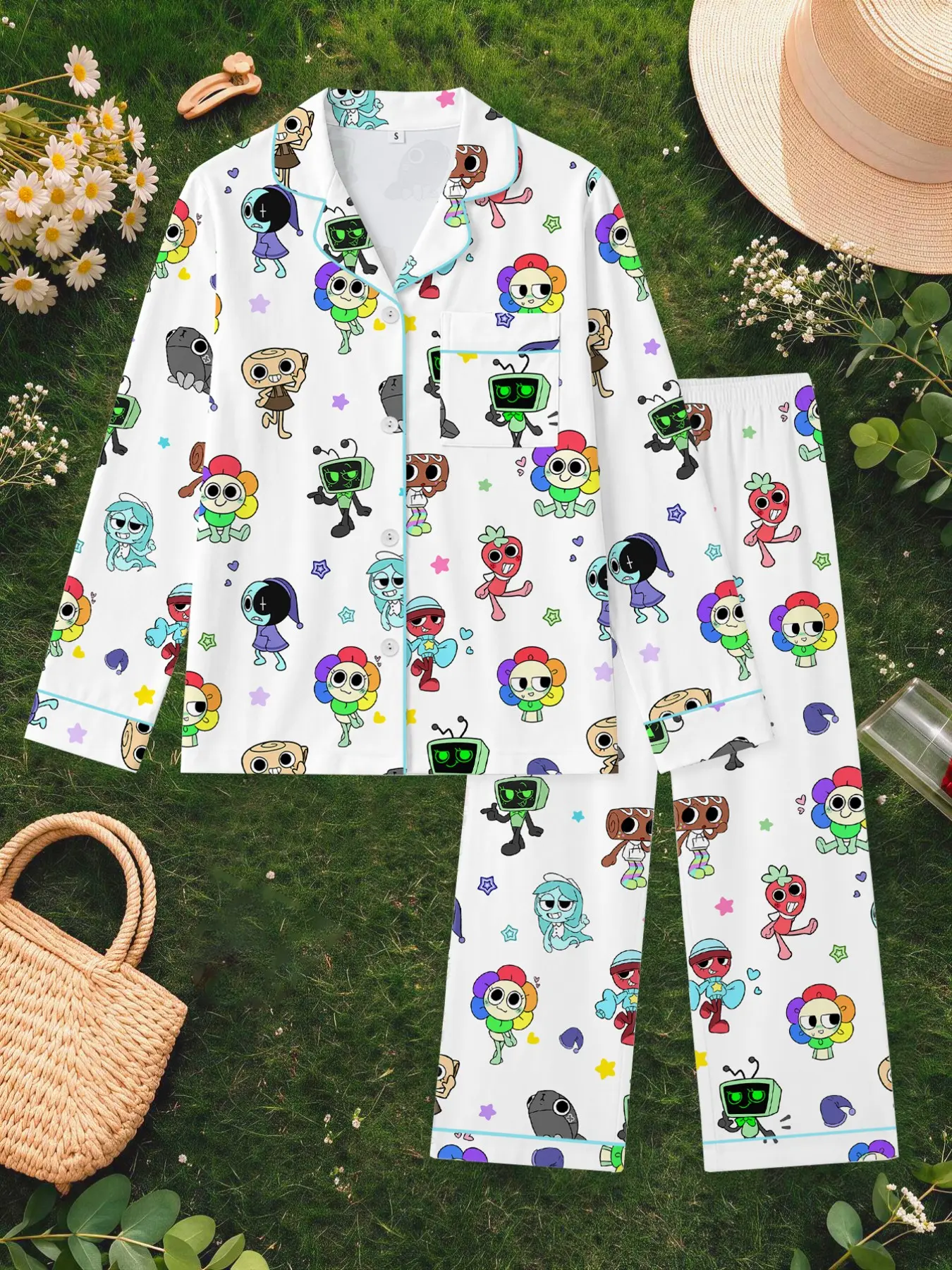 Women's Long Sleeve Pajama Set, Soft Comfortable Skin-Friendly Fabric, Dandy World Vee TV Head Print, Loose Fit Casual Sleepwear