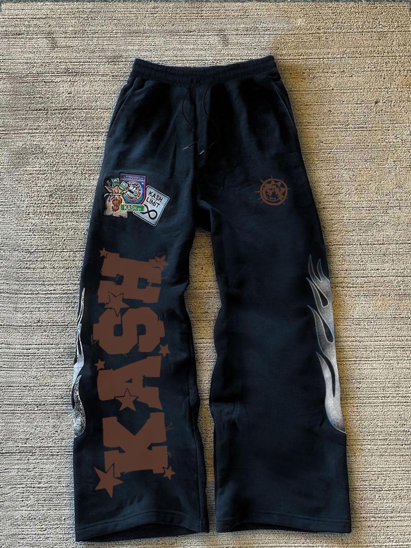 Trendy Black Fleece - lined Sweatpants with "KASH" Lettering, Star and Flame Graphics, Ideal for Street - style and Hip - hop Wear, Trending on TikTok #Sweatpants #StreetFashion #TikTokTrend, Sports Casual Pants