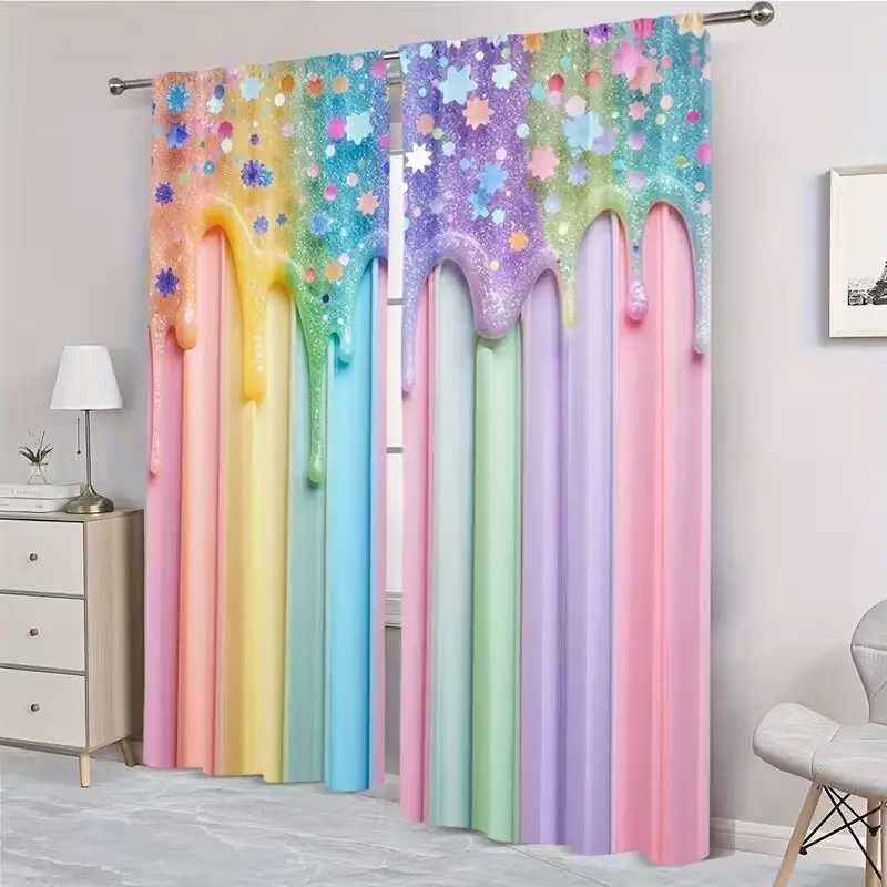 Colorful Star Print Bright Pattern Window Drapes, Window Curtain 2 Piece Set Modern Design, Durable Polyester Fabric, Ideal for Living Room Bedroom Kids' Room Home Decor, Home Decorative Curtain, Home Decoration Curtain