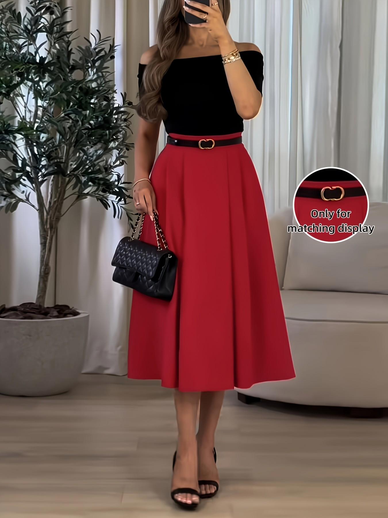 Women's High Waist A Line Midi Skirt 2026, Elegant Solid Red Swing Skirt with Belt, Casual Flared Skater Skirt, Trendy Office Workwear, Versatile Skirt for Date Night, Party, Brunch, Business Casual, Women's Chic Flowy Skirt for Spring Summer Fall