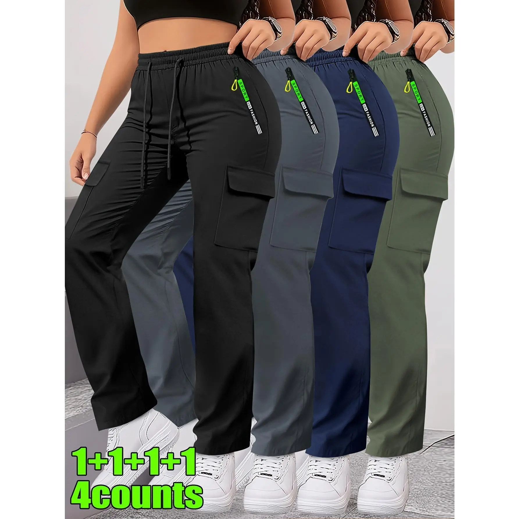 Women's 4-Count Casual Comfy Nylon Joggers - Summer Breathable Anti-Odour Sports Sweatpants with Utility Pockets, Flexible Drawstring Elastic Waist, Tumble Dry, Do Not Bleach, Fit for Outdoors, Work Commute