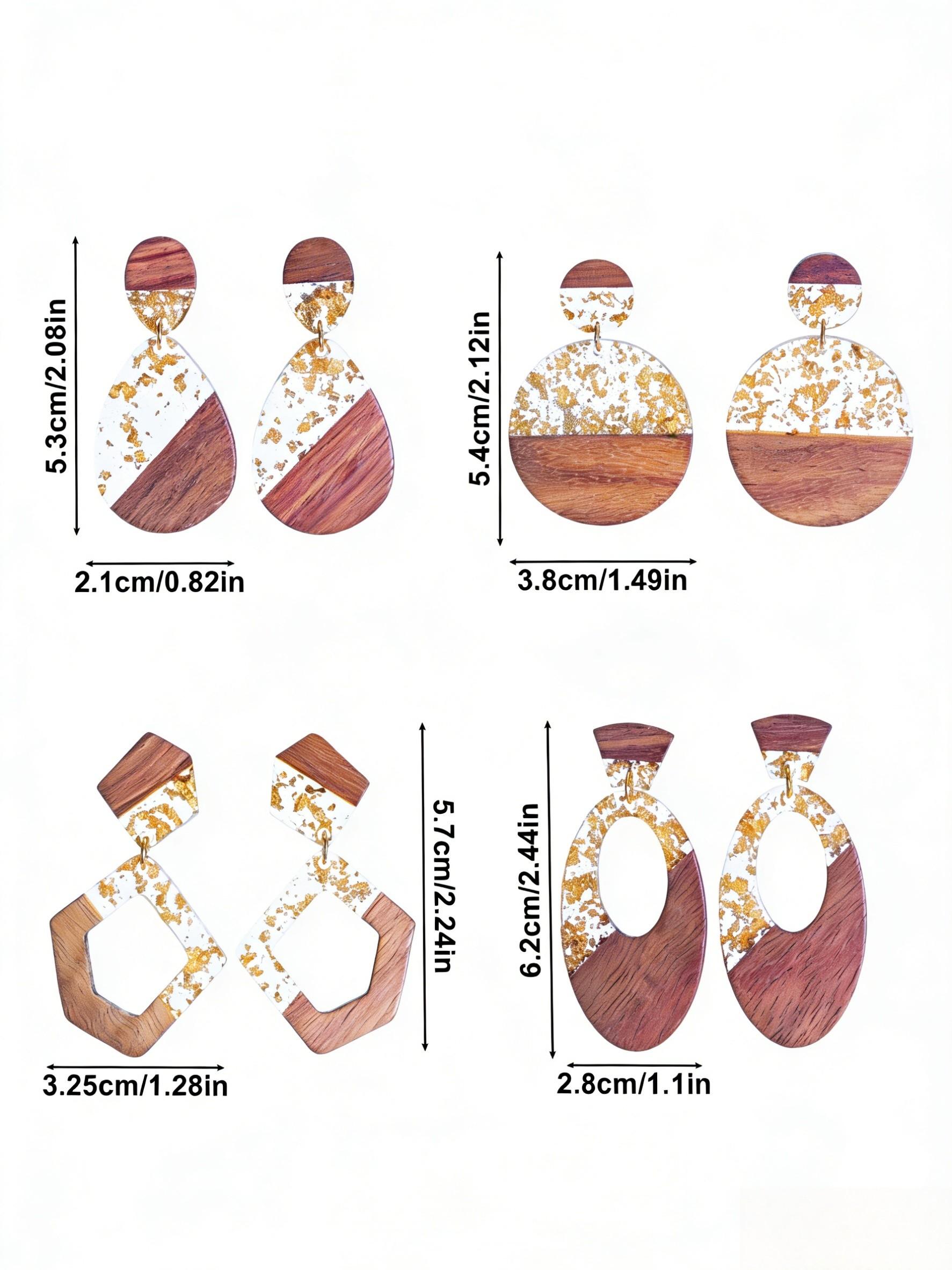 Boho Style Wooden Resin Gold Foil Earrings, Shiny Bling Effect, Natural Wood Ear Studs, Women's Fashion Jewelry, Perfect Gift for All Seasons