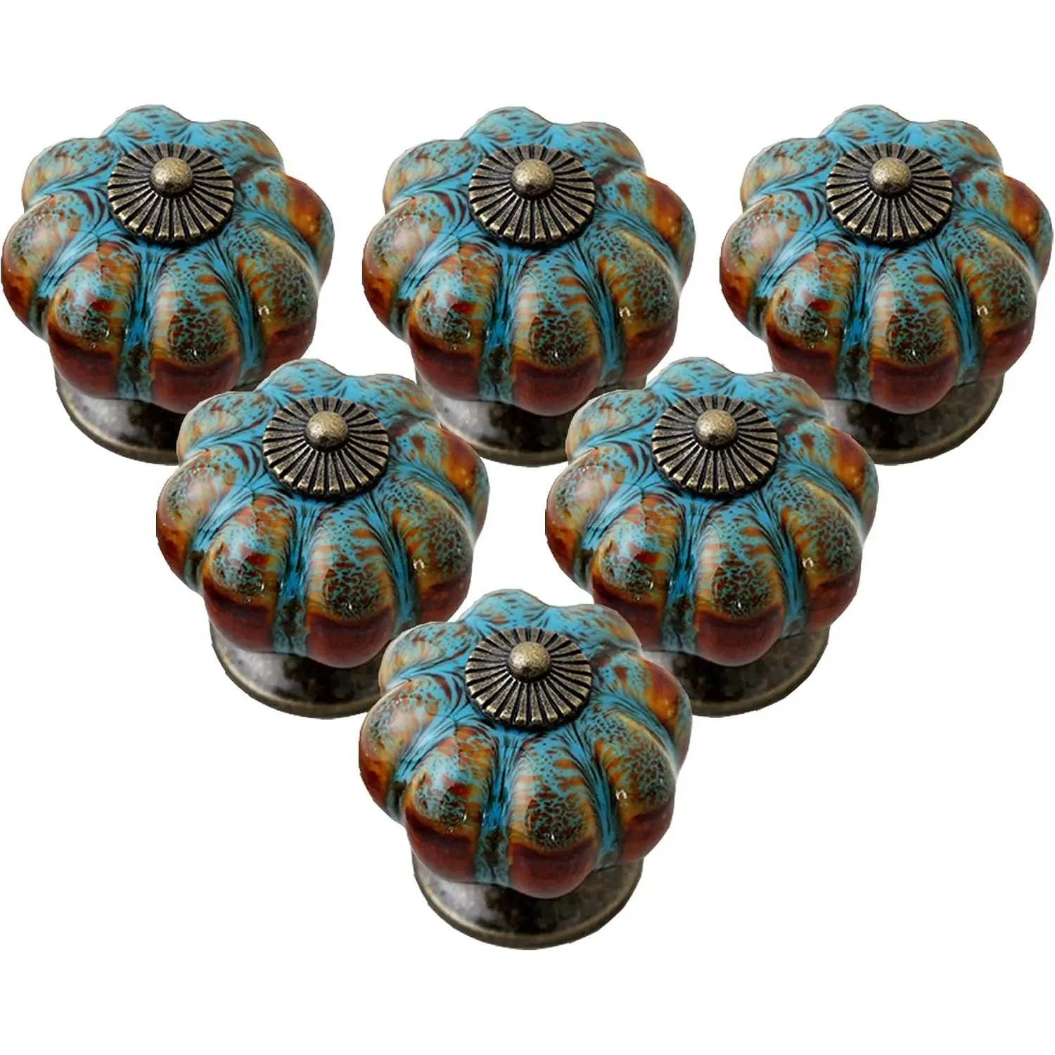 6 Pack Glazed Ceramic Cabinet Knobs Pumpkin Shape Blue Vintage Door Pull Handle for Drawers Closets Cupboard