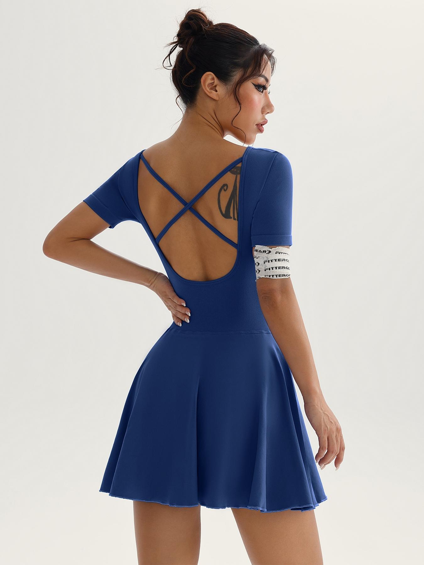 Women's Solid Square Neck Sports Dress Athletic Tennis Dress Inner Pocket, Casual Sporty Short Sleeve Skorts Dress for Daily Outdoor Sport, Ladies Sportswear for All Seasons, Womenswear