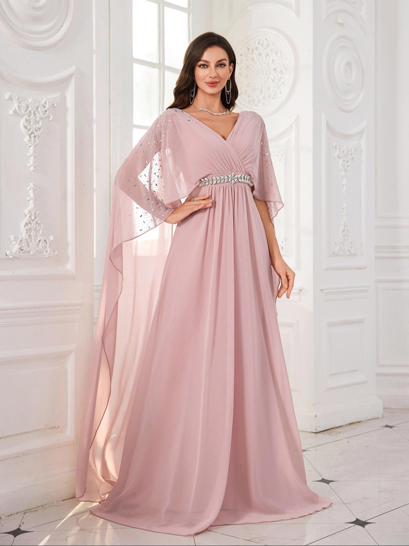 long dress strip Striped with cut-out neckline Black Neck Type Elegant V Neck Rhinestone Batwing