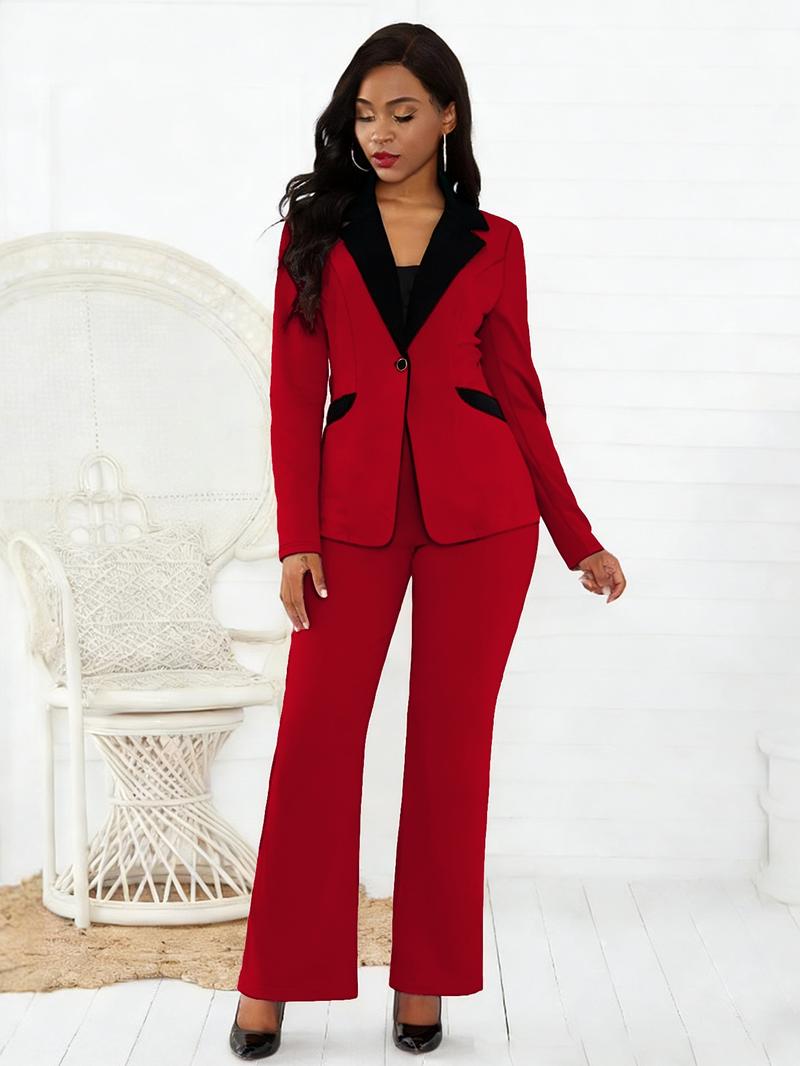 Business Style Spring Summer Trendy Women's Two-Piece Set, Colorblock Lapel Button Long Pants, Commuter Professional