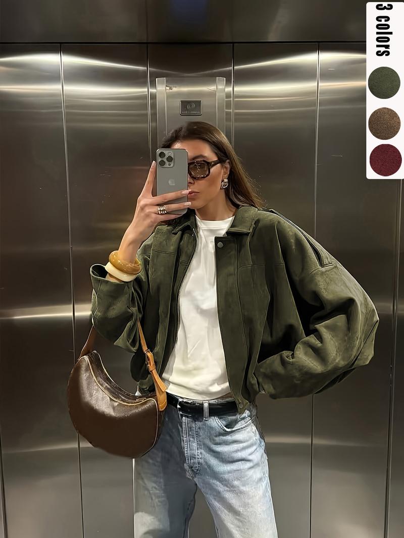 Women's Fall Winter Loose Fitted Suede Jacket, Short Batwing Sleeve Bomber Coat, Plain Leather Look Top, Zipper Neckline, Long Sleeve Vintage Style