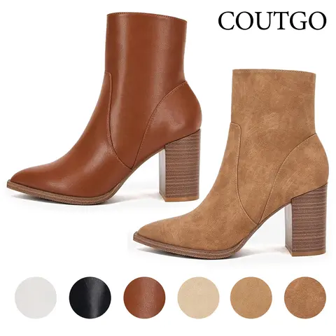 Coutgo Women's Pointed Toe Ankle Boots Chunky Stacked Heel Side Zipper Faux Leather Ankle Booties