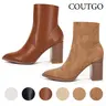 Coutgo Women's Pointed Toe Ankle Boots Chunky Stacked Heel Side Zipper Faux Leather Ankle Booties