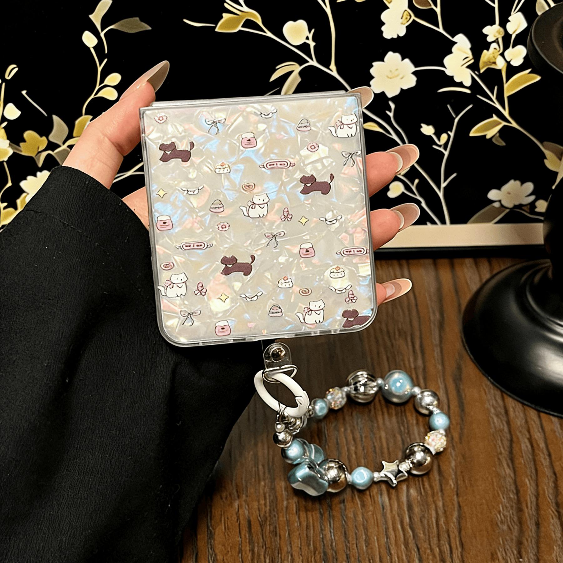 Korean Shell Pattern Full Screen Animals Blue Bow Chain Phone Case for Samsung Galaxy Flip7 Flip7fe Flip6 Flip5 Stylish Cover