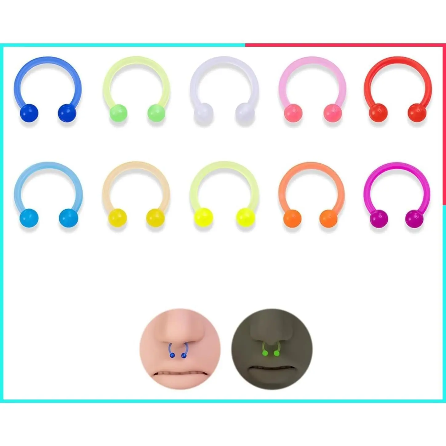 Glow in the Dark Neon Horseshoe Circular Barbell Piercing Rings - Nose Septum Eyebrow Lip Ring Retainer for Women Jewelry