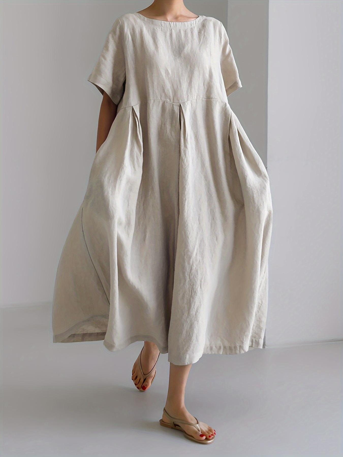 Plus Size Solid Color Loose Dress, Casual Pocket Short Sleeve Crew Neck Long Length Dress For Spring & Summer, Women's Plus Size Clothing Plus Size Solid Color Loose Dress, Casual Pocket Short Sleeve Crew Neck Long Length Dress For Spring & Summer, Women's Plus Size Clothing