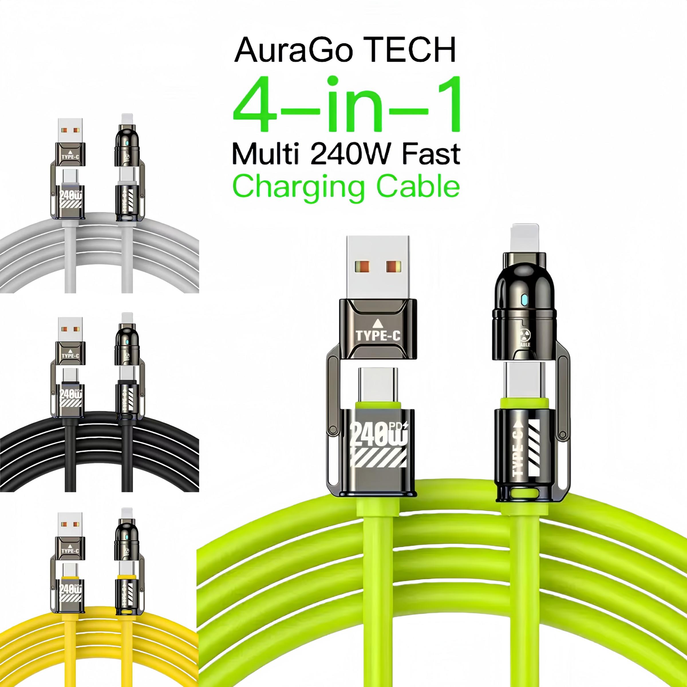 Car Accessories 4-In-1 Multi USB Charger Cable, Supports USB A, Type C, Lightning, 240w Fast Charging, Compatible with iPhone 16/15, iPad Pro, Samsung, Laptops