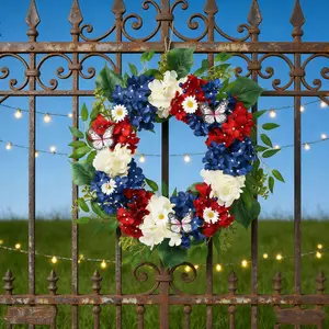 Patriotic Red White Blue Artificial Flower Wreath, 19.69in Faux Greenery Wreath with Butterflies, American National Holiday Front Door Home Decor