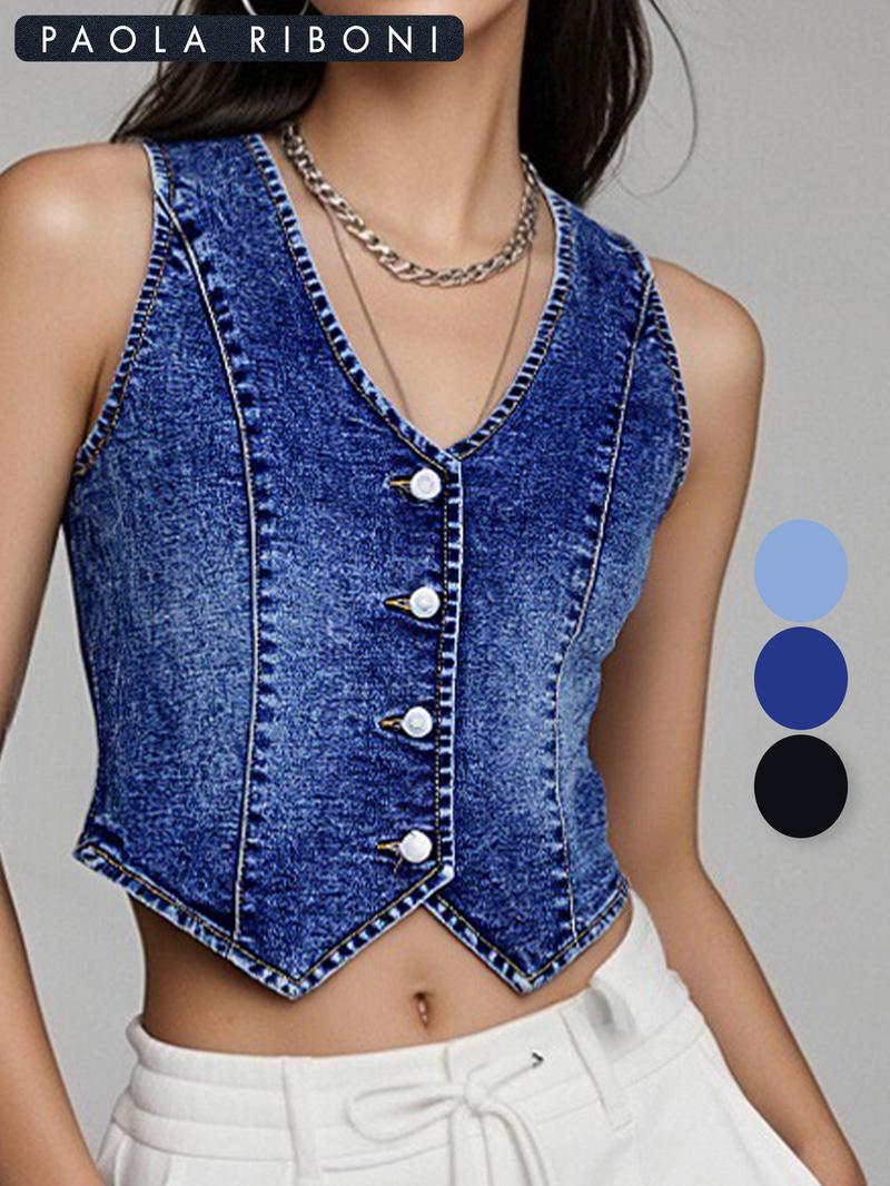 Women's Plain Denim Vest, Casual Sleeveless Vest for Summer, Ladies Clothes for Daily Wear, Minimalist Fitted Vest