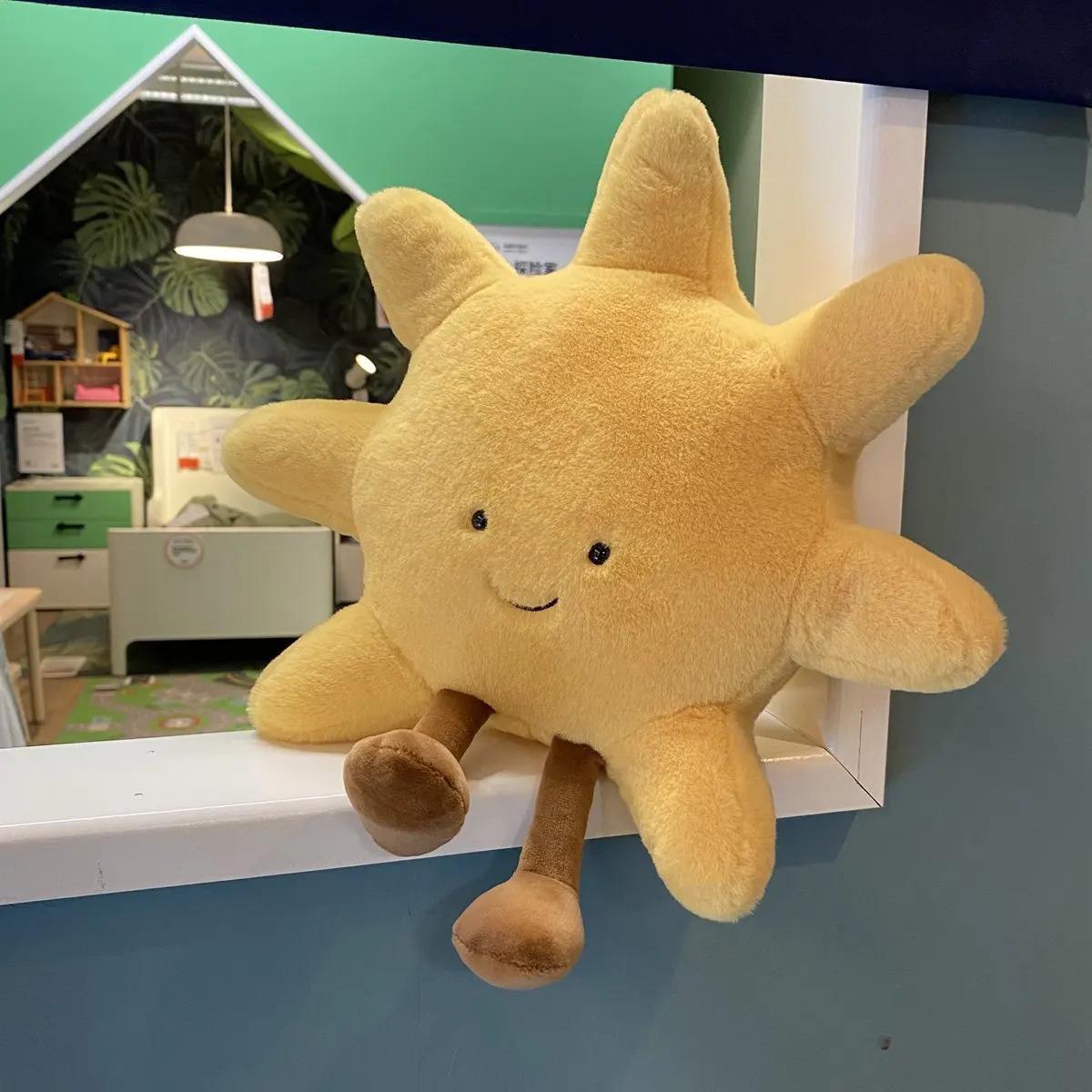 Adorable Smile Face White Moon Yellow Sun Plushie Stuffed Cute Cartoon Weather Plush Toy for Kid Bedroom Decor Sofa Throw Pillow