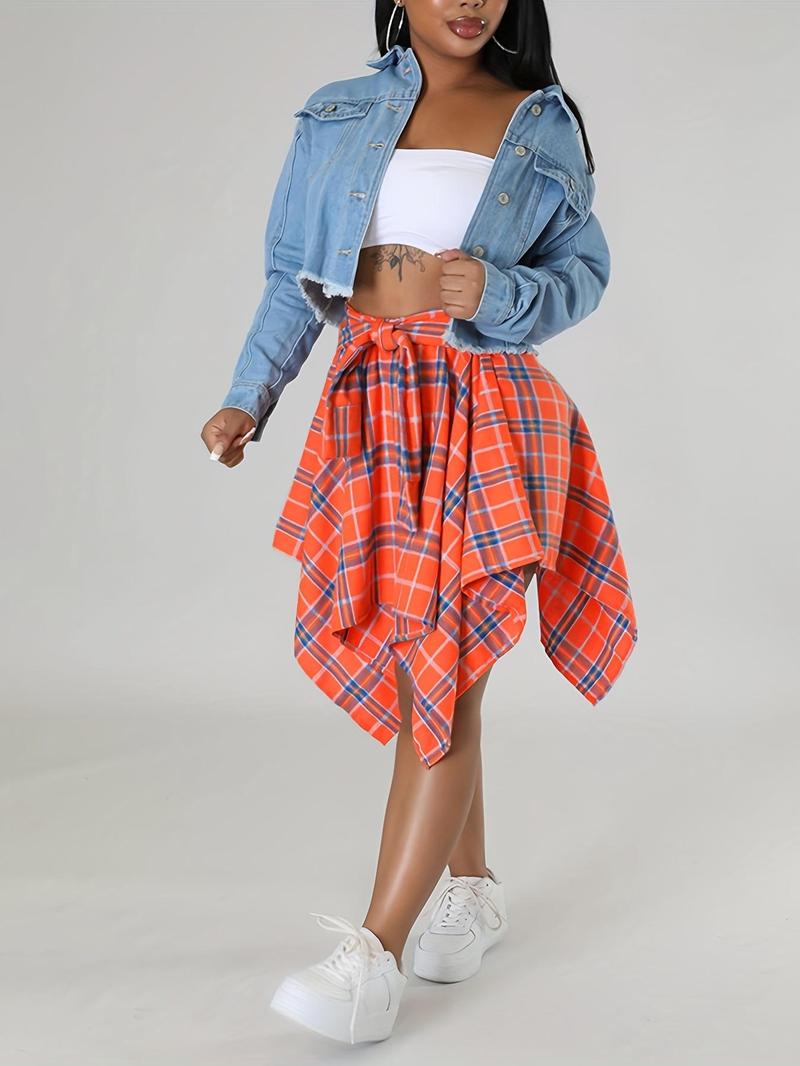 【Plus Size】 Plaid Print Asymmetrical Hem Skirt, Casual Knee Length Skirt for Fall & Winter, Women's Bottoms for Daily Wear