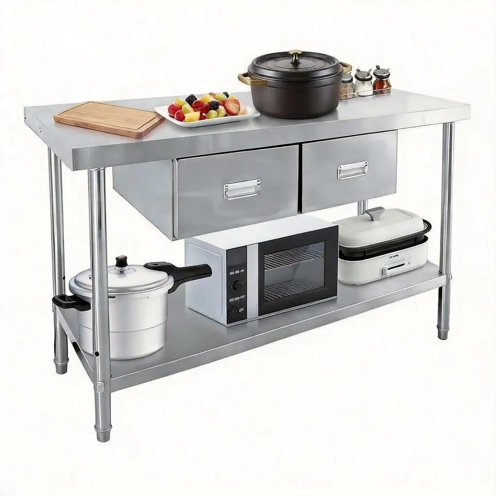 Heavy-Duty Stainless Steel Commercial Work Table with Drawers – Adjustable Undershelf – Durable Prep Station for Restaurant, Kitchen, Garage, Industrial Use