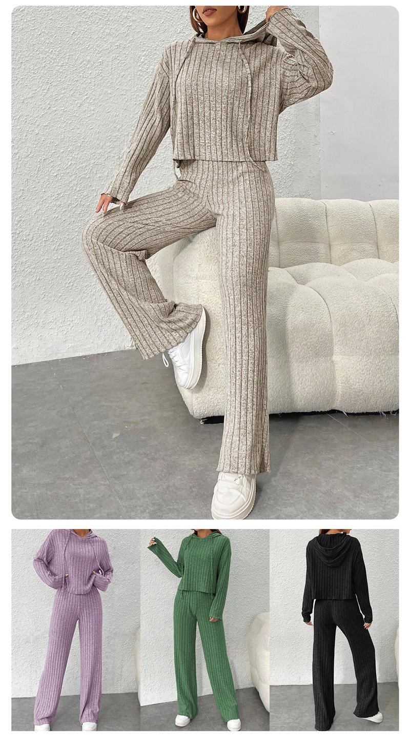 Women's Casual Knit Long Sleeve Tracksuit, Hooded Sweatshirt & Elastic Wide Leg Trousers Co-ord, Loose Fit Set, Casual Fashion Set, Loungewear For All-Seasons, Streetwear style Daily Wear, Pjs for Fall&Winter, Cozy Womenswear, Christmas Pajama Set
