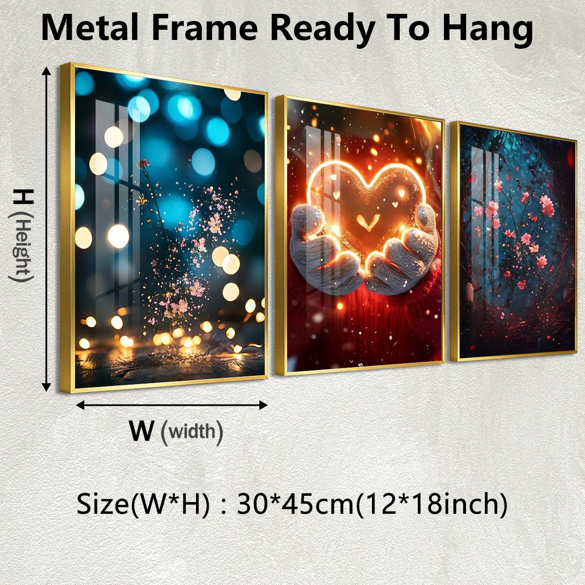 3 Counts Aluminum Alloy Framed Painting, Glowing Heart And Blooming Flowers Pictures, Home Decoration For Living Room, Bedroom, Office, Restaurant, Hallway Wall Decor, Odorless Print Artwork, Luxury Perfect Gift For Friends And Family