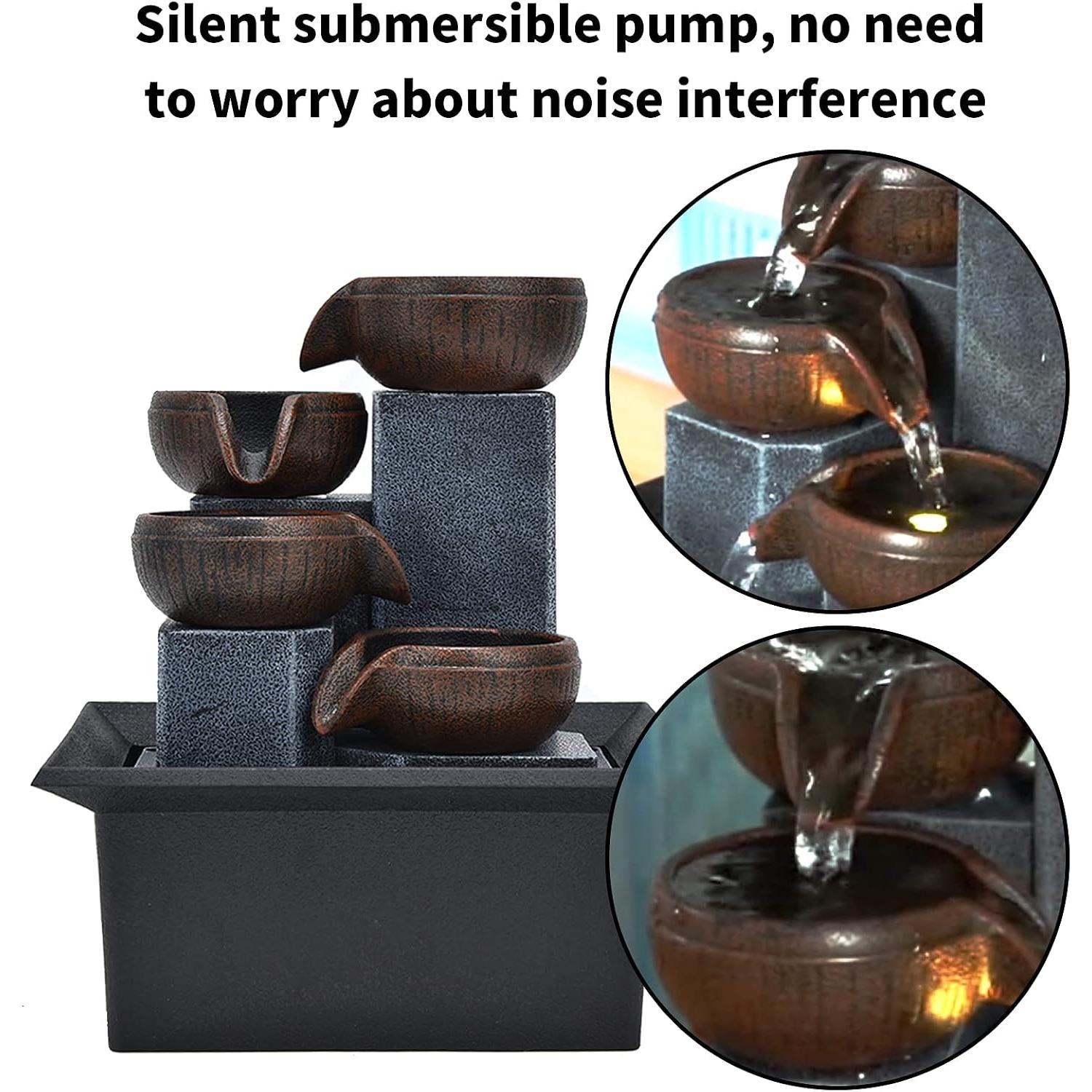 Indoor Waterfall Fountain Tabletop,Small Desk Water Fountain with LED Yellow Light Quiet Pump,Zen Relaxation  Office Decor,Feng Shui Feature for Living Room Study Meditation,