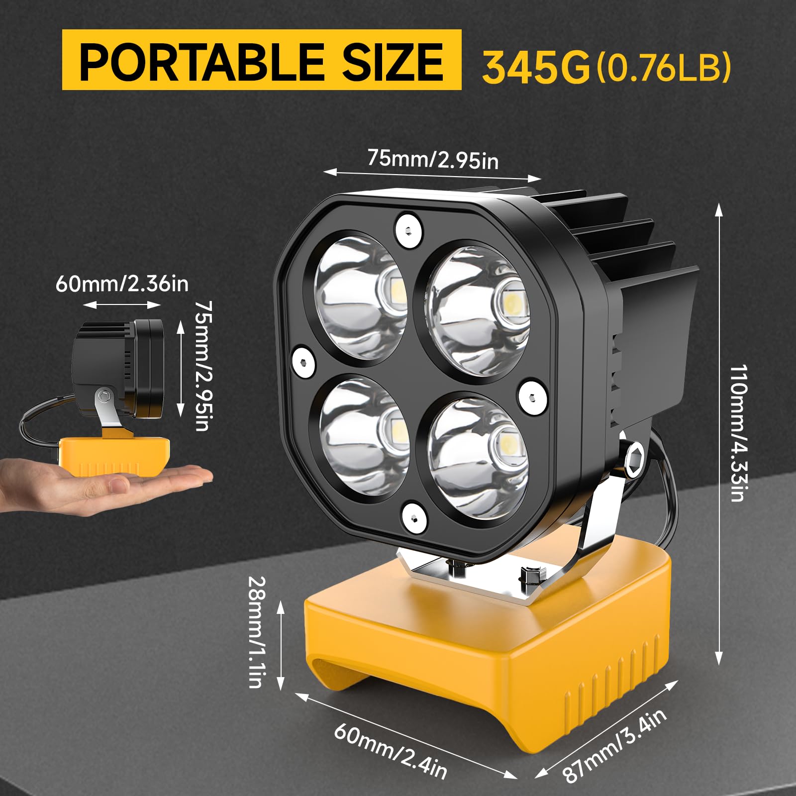 Azocek LED Work Light Compatible with Dewalt 20V Battery, 40W 6000LM Flashlight, 20V Battery Cordless Work Light 120°Adjustable with Low Voltage Protection for Outdoors and Job Site Lighting