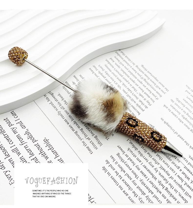 5PCS Leopard Print Full Diamond Fur Ball Bead Pen Creative DIY Beadable Cute Dot Pen Handmade Leopard Fur Heavy Metal Round Tip Pen