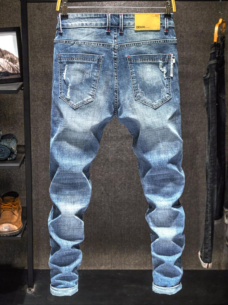 Men's Light Wash Distressed Ripped Fitted Denim Jeans, Trendy American Street Style, Perfect Gift for Husband or Boyfriend