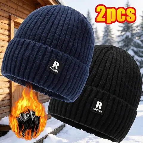 Men's 2-Pack Fleece-Lined Knit Beanies, Thick Cuffed Skull Cap for Large Heads, Warm Thermal Hat for Cycling, Skiing Outdoor Use