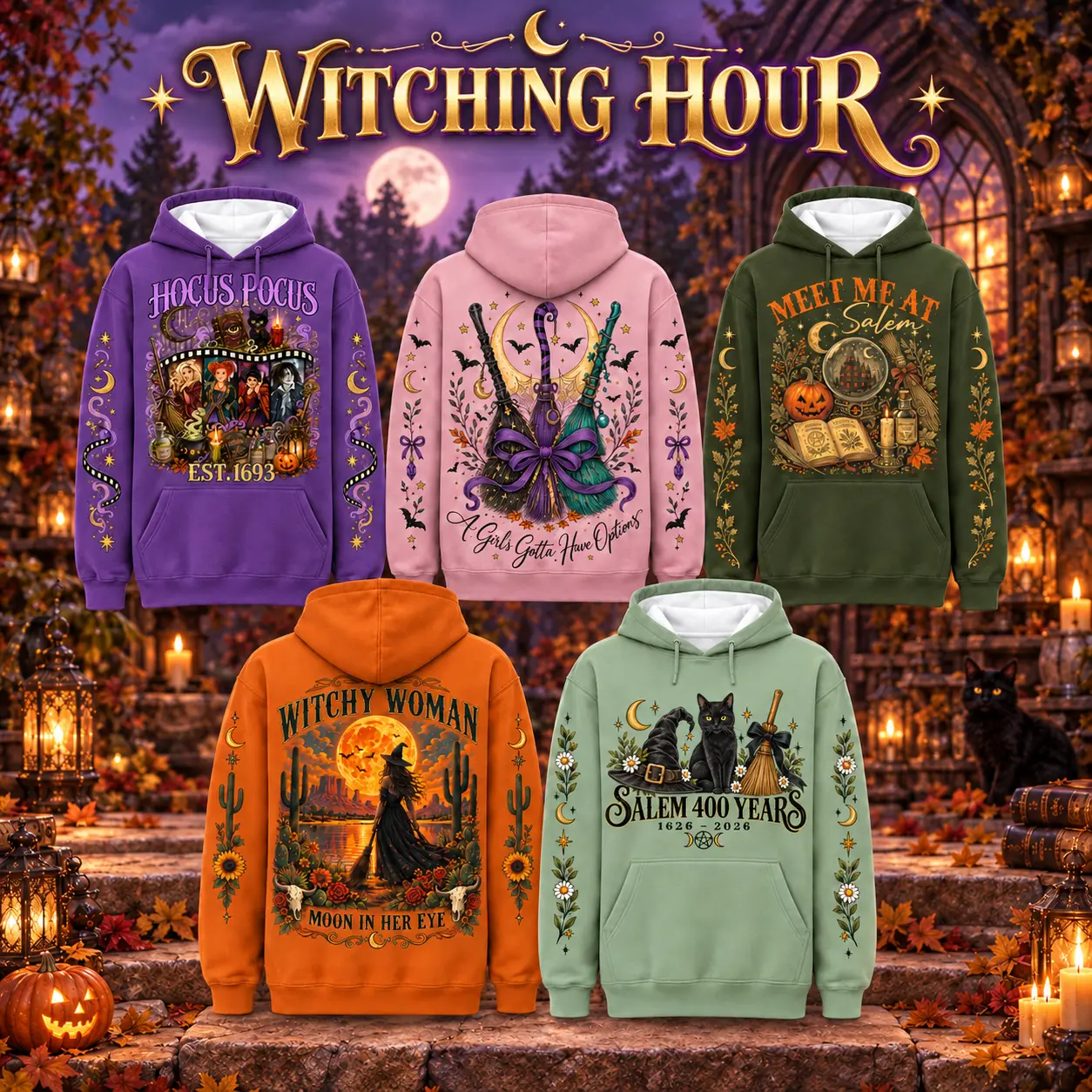 Women's Witching Hour Velour Pullover Hoodie - Gothic Aesthetic Retro Graphic Print, Salem Witch Hocus Pocus Design, Kangaroo Pocket, Spooky Halloween Sports Top with Sleeve#Witching Hour#Halloween Hoodie#HocusPocus#SalemWitch#Spooky Season,outdoorfun