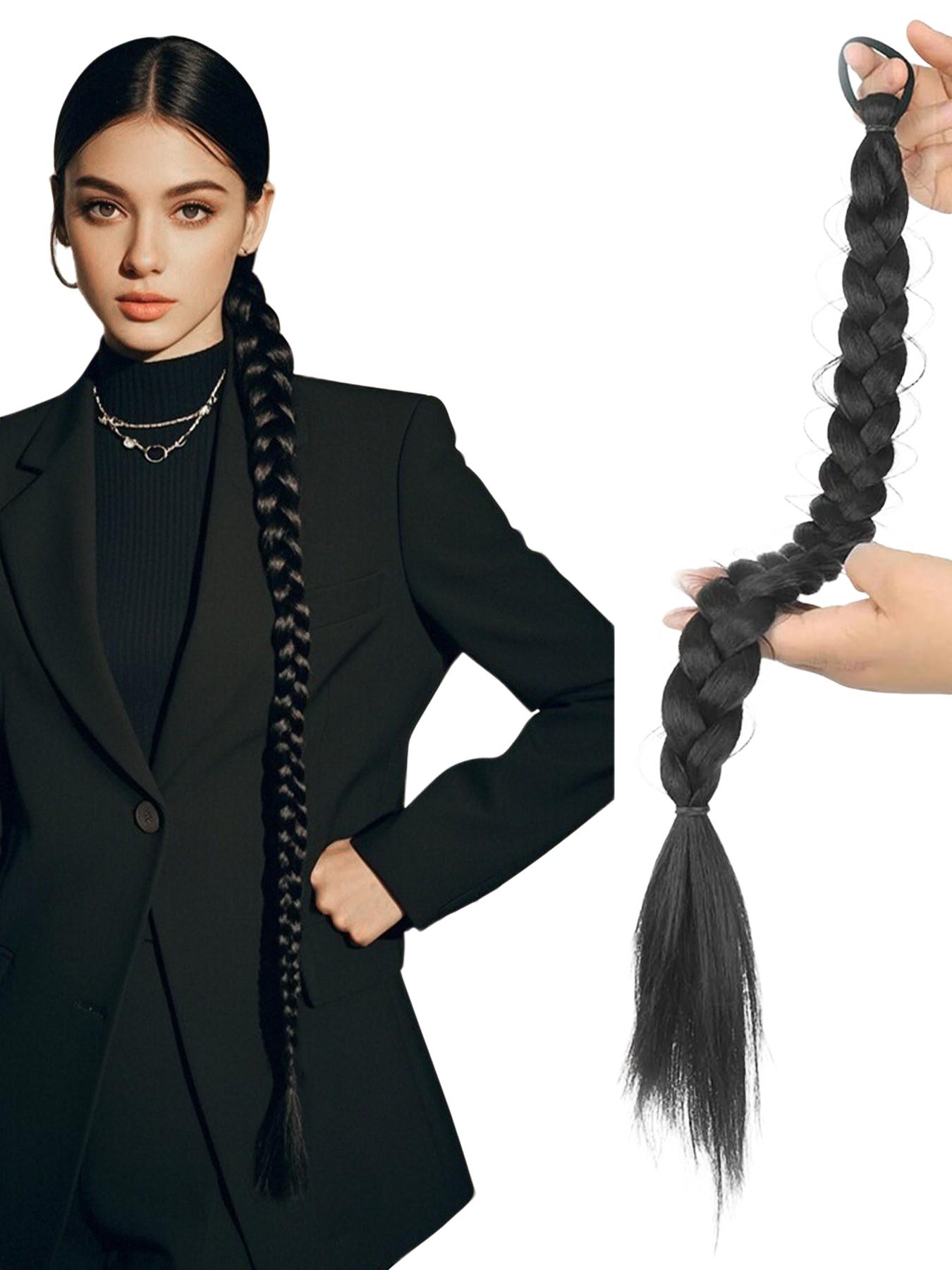 Synthetic Braided Ponytail Extensions, Boxing Braid Wraparound Ponytail, 28 Inch Three Strand Hair Extension, Elastic Hair Tie