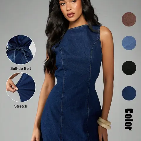Women's American Retro Sleeveless Short Dark Wash Denim Summer Dress, A-Line Dress, Flattering Fit, Perfect for Daily Commute, Dates, Parties and Vacations, Sleeveless Casual Sundress
