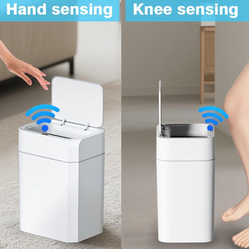 Touchless Trash Can, 3.43 & 5.02 GAL sizes available, automatic motion sensor garbage bin, hands-free soft-close lid, slim plastic body with odor-sealing design, suitable for kitchen, bathroom, office, hotel, requires 2 AA batteries (not included).