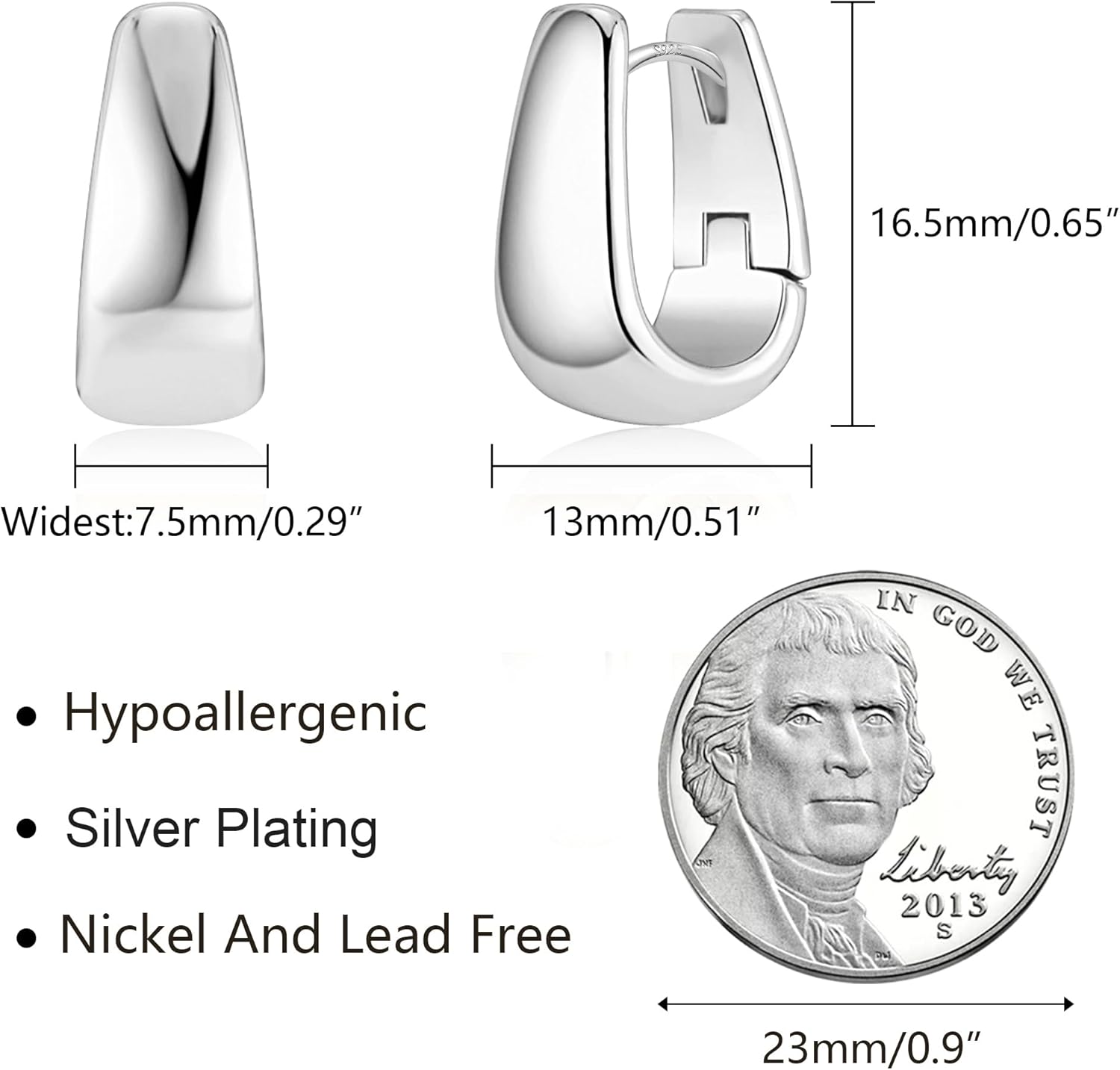 925 Sterling Silver Earrings Small Chunky Silver Earrings for Women 14K Gold Plated Small Hoop Earrings Silver Hypoallergenic Earrings Small Thick Huggie Hoops Earrings