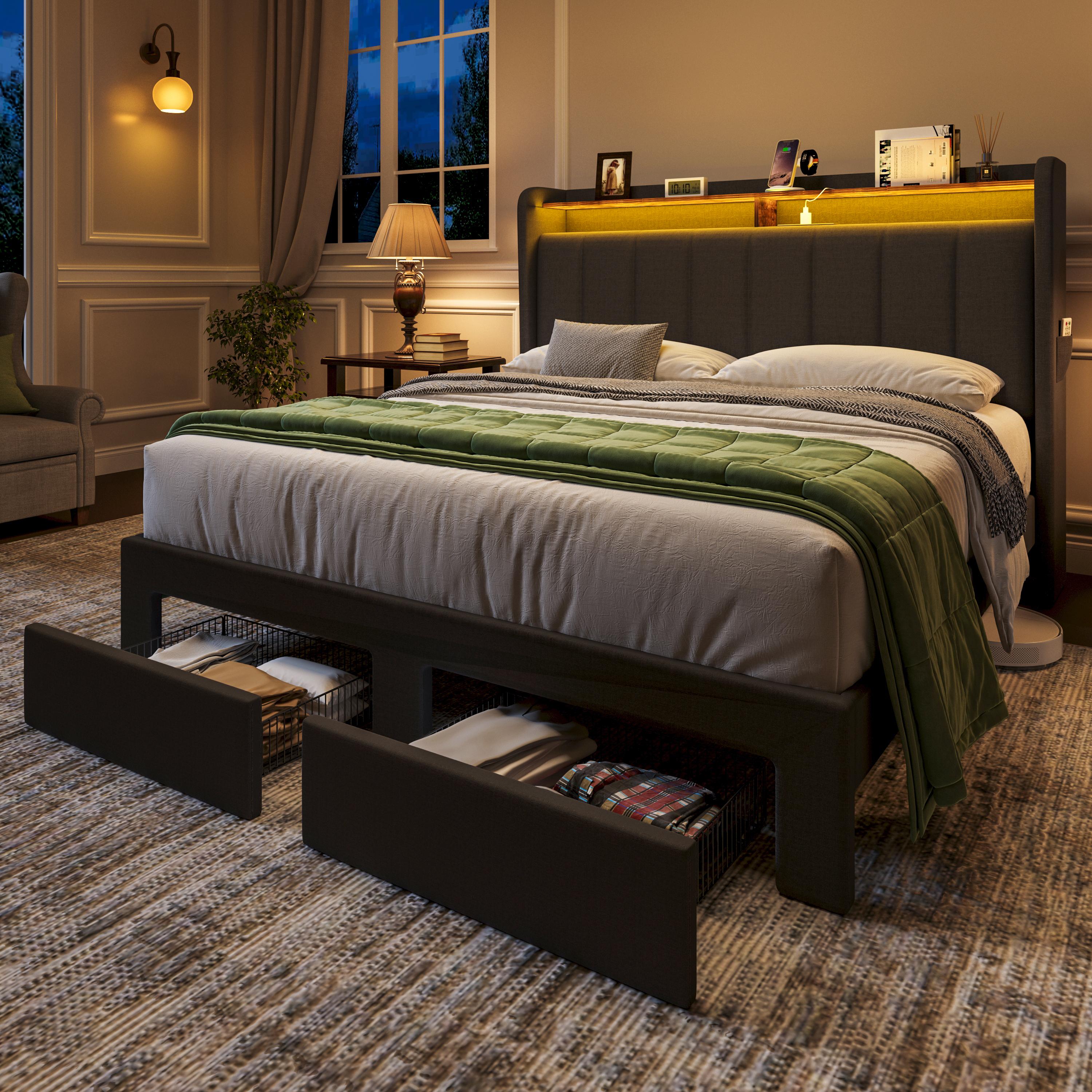 MUTICOR Upholstered Bed Frame with LED Shelf Headboard & 2 Drawers, Linen or Velvet Fabric, Smart Outlets,Full/King/Queen Bed Frame, No Box Spring Needed#TikTokShopBlackFriday #ChristmasGifts MUTICOR Upholstered Bed Frame with LED Shelf Headboard & 2 Drawers, Linen or Velvet Fabric, Smart Outlets,Full/King/Queen Bed Frame, No Box Spring Needed#TikTokShopBlackFriday #ChristmasGifts