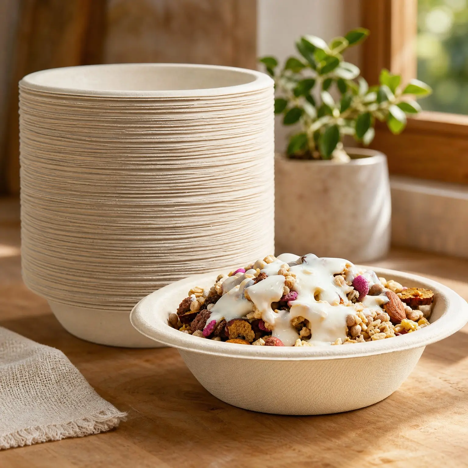 200 Pack 12 OZ Compostable Bagasse Paper Bowls, Heavy Duty Disposable Bowls Bulk, Eco Friendly for Cereal Snacks SaladsGift