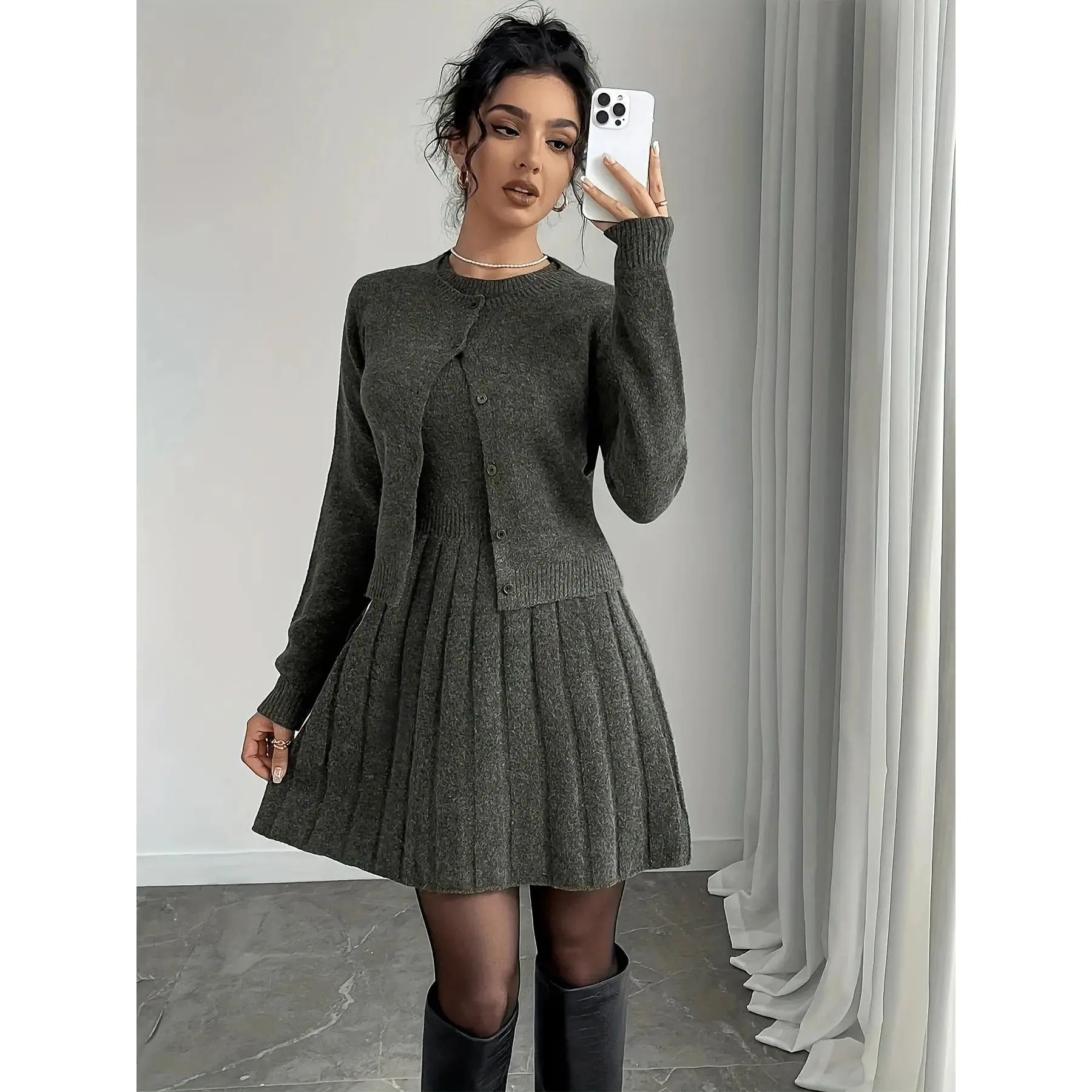 Women's 2 Piece Ribbed Knit Sweater Set, Casual Long Sleeve Button Down Cardigan & Pleated Mini Skirt, Elegant Fall Winter Outfits, Knitwear Sets for Women, Clothes, Womenswear, Lady