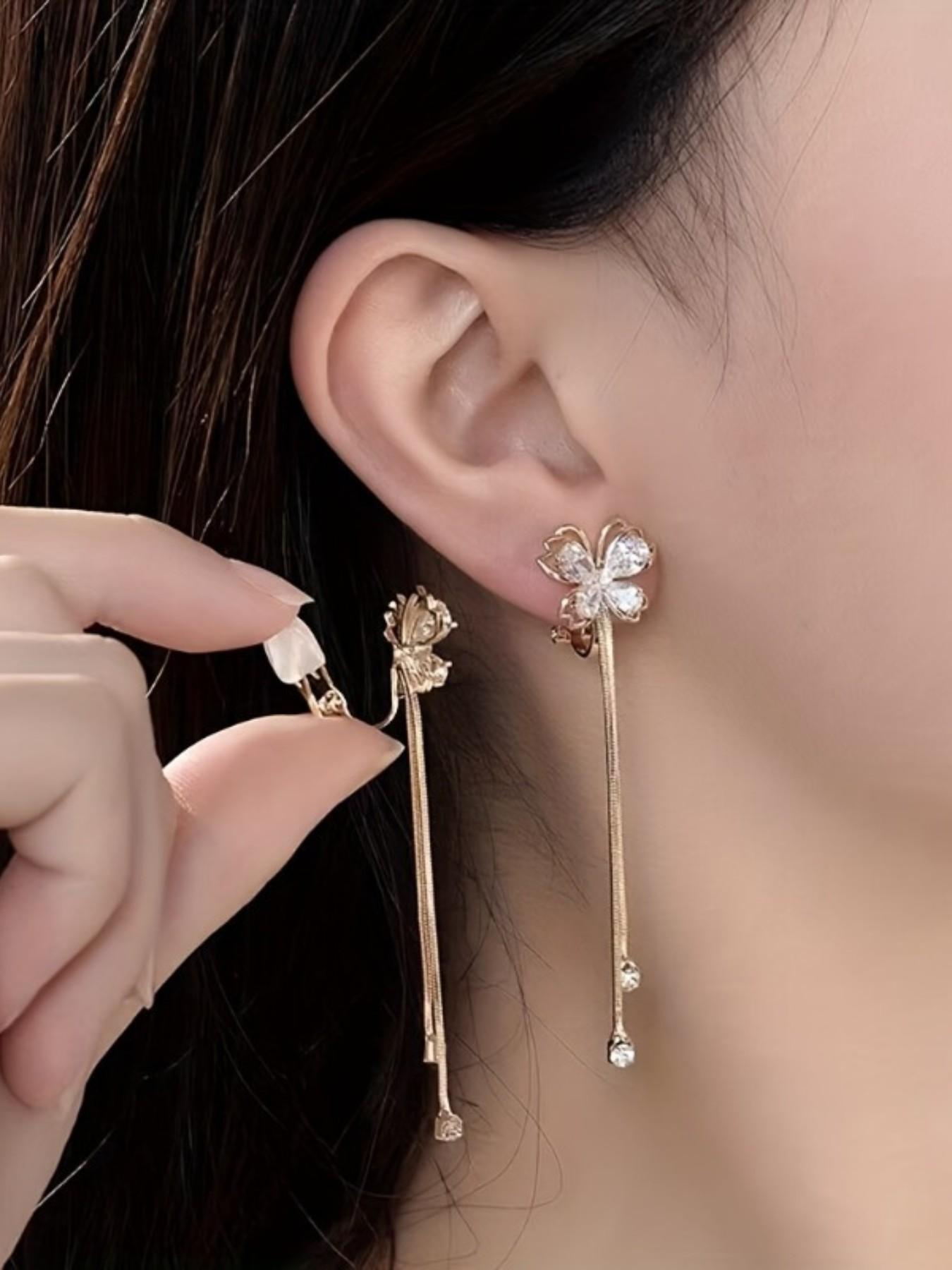 Fashion Sweet Zircon Butterfly Long Dangle Ear Cuffs, No Piercing Simple Design Women's Elegant Versatile Party Vacation Earrings