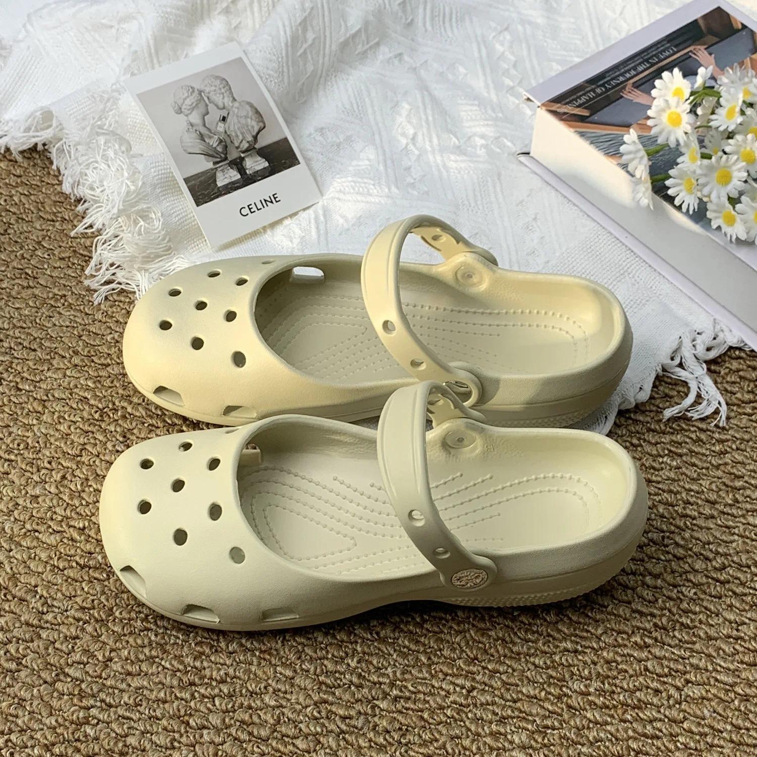 Retro EVA Outer Wear Mary Jane Slippers Shoes Summer New Women's Cute Ballet Hole Shoes Anti Slip Outdoor Beach Sandals