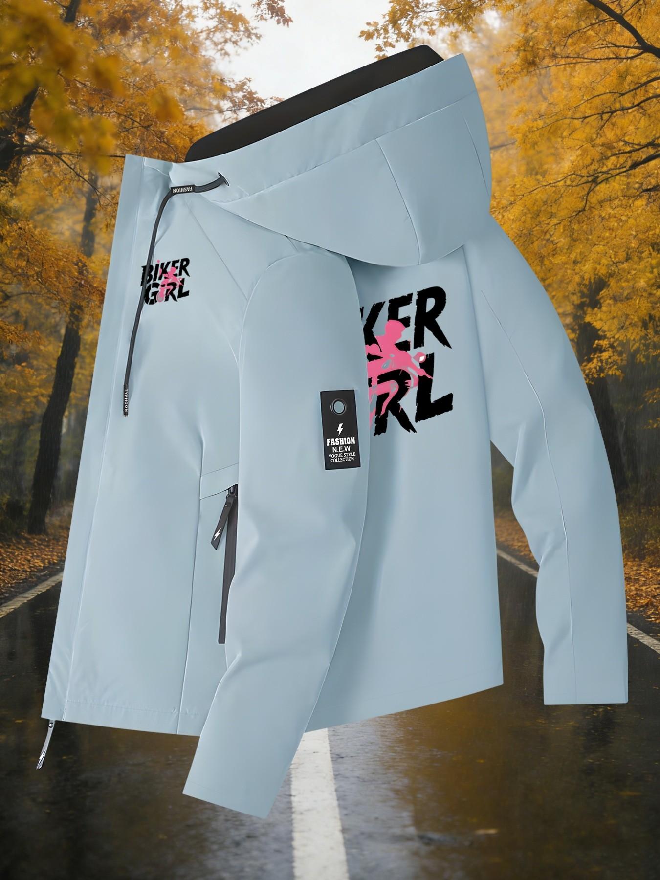 Women's Hooded Windbreaker Jacket Double sided BIKER GIRL Pink Moto Print Jacket Two Color Options Hooded Loose All Season Warm Jacket Ideal for Daily Commute Hiking Climbing Wear Skin Friendly Breathable Machine Washable Plussize