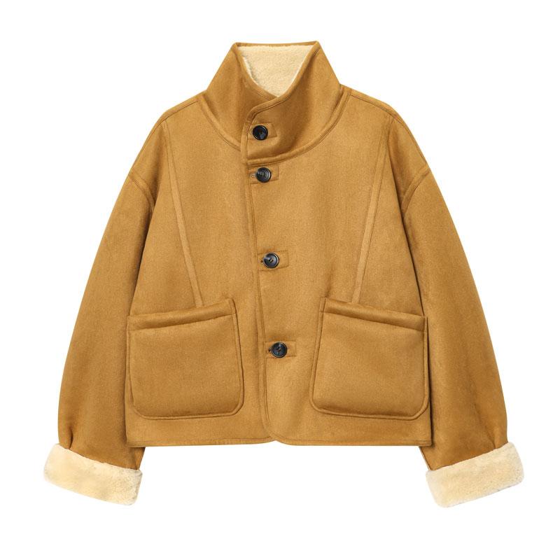 Women's Two-Sided Jacket Camel Wool & Cream Faux Fur, Stand Collar with Pockets, Vintage Winter Layered Fashion Coat Outerwear